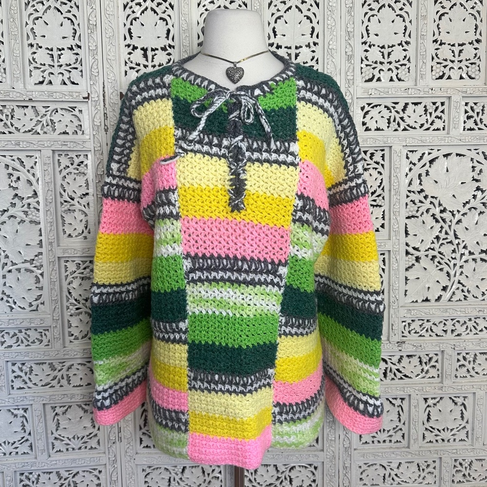 Handmade Knit Colorful Patchwork Colorblock Chunky Bell Sleeve‎ Sweater Sz Large
